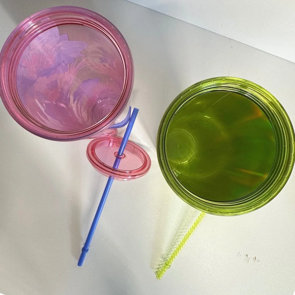 Starbucks Tumbler Set 24oz Floral Purple & Iridescent Lime Green Excellent Venti